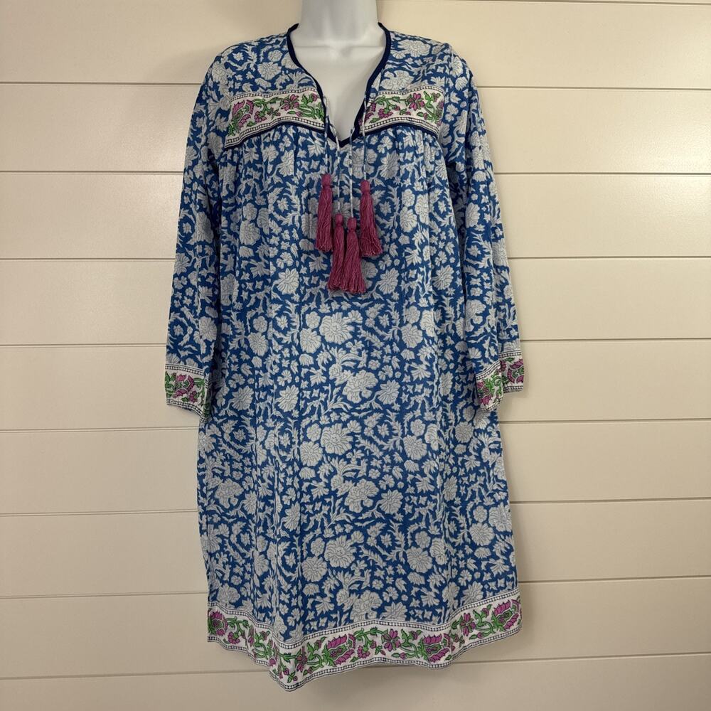 SZ Blockprints Boho A-Line Dress Knee Length Long Sleeve Blue Floral Print sz S